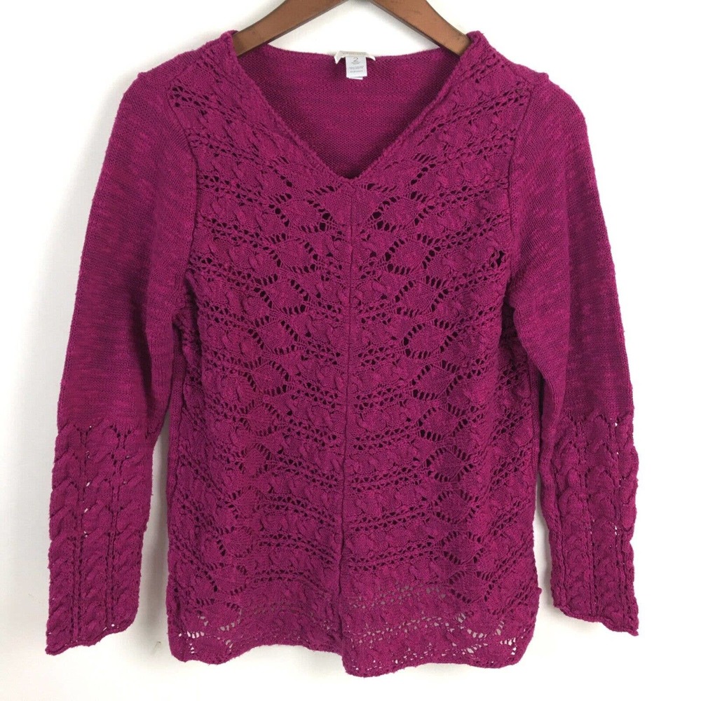 Chicos Womens Sweater 2 Pink 3/4 Sleeve Open Knit Stretch US Size Large